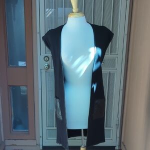 Chico's Black Open-Front Sleeveless Long Vest with Faux-Leather Pockets